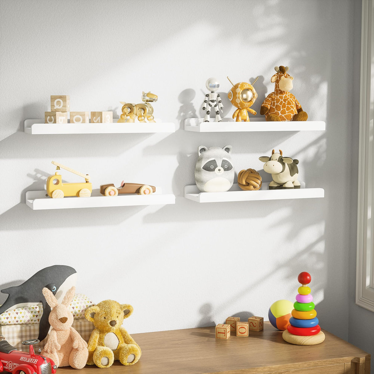 White Floating Shelves for Wall Set of 4, Wood Wall Shelves with Lip