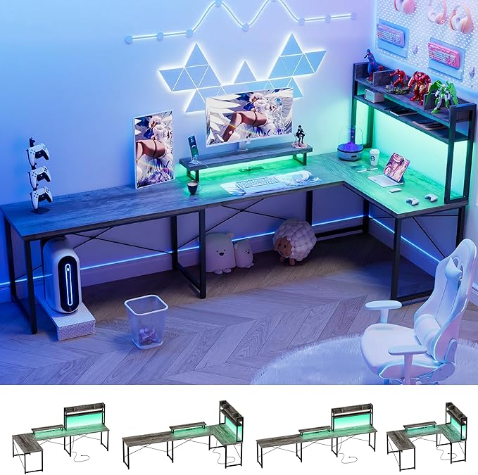 DIY U Shaped Computer Desk with Hutch, Reversible L Shaped Office Desks