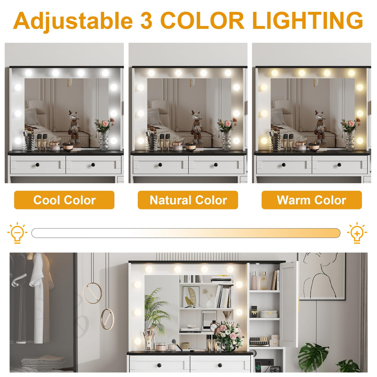 Makeup Vanity Set, Vanity Desk with Lighted Mirror& Charging Station, Makeup Vanity Desk with 5 Drawers& 3-Tier Cabinet, Dressing Table with Upholstered Stool, Wooden Vanity Table for Bedroom, White