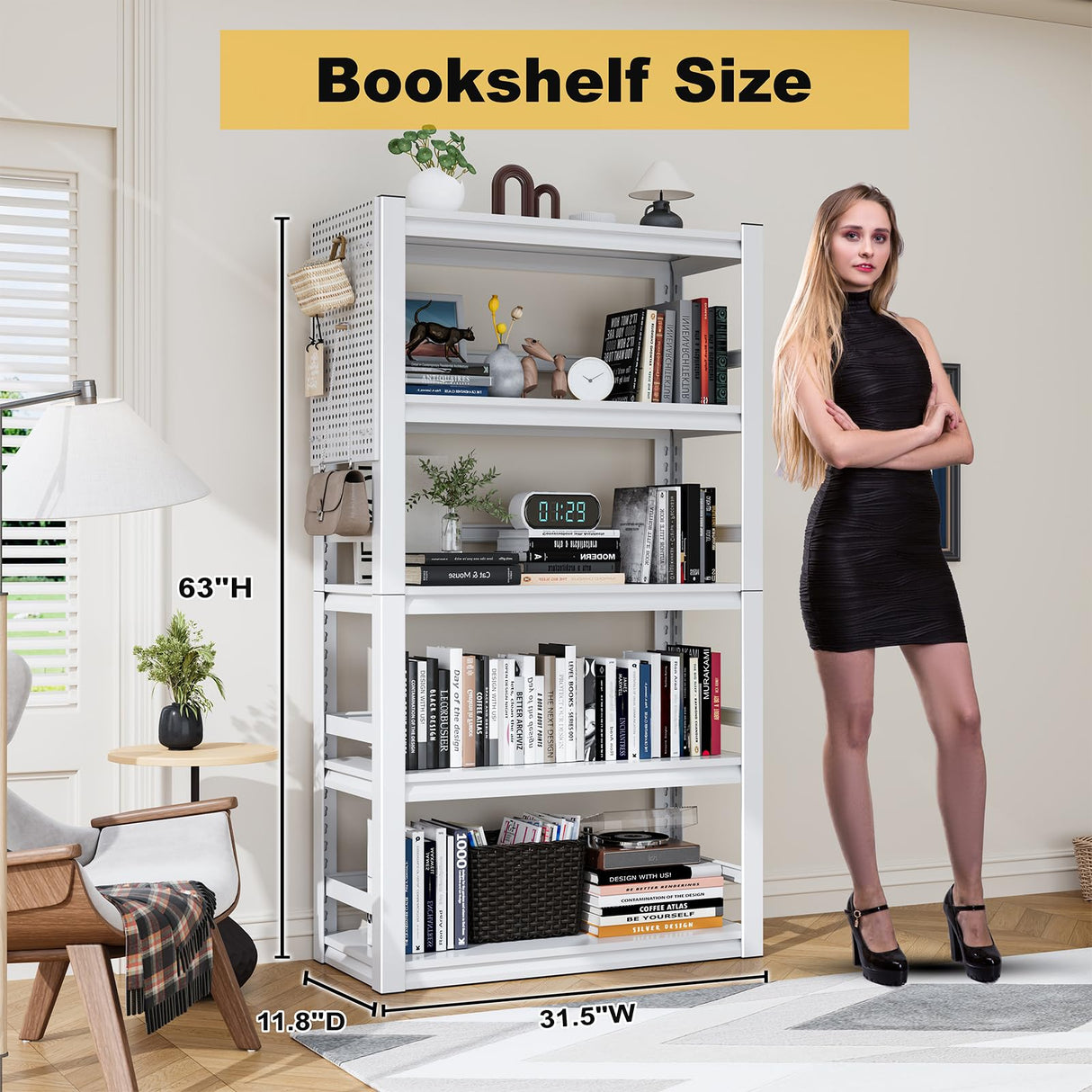 ZONLESON 63" Heavy Duty Bookshelf Metal Bookcase with Pegboard Bookend and Fence 5 Tier Adjustable Bookshelves for Home Office and Study,White