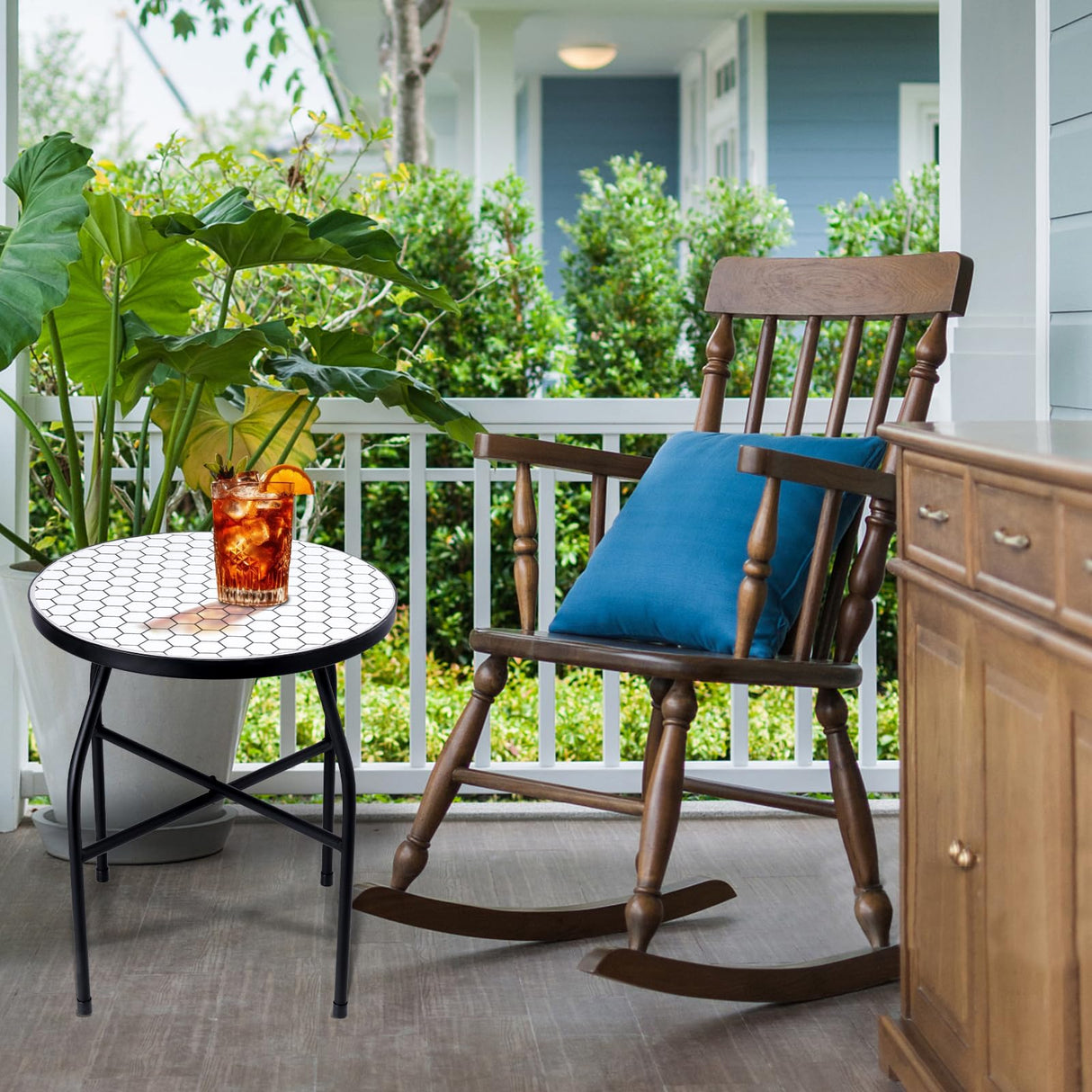 VCUTEKA Mosaic Outdoor Side Table - Small Patio Table Coffee Outside Accent Tables Round End Plant Tables for Bistro Balcony Porch Outdoor Benches 14'' White - Bircata