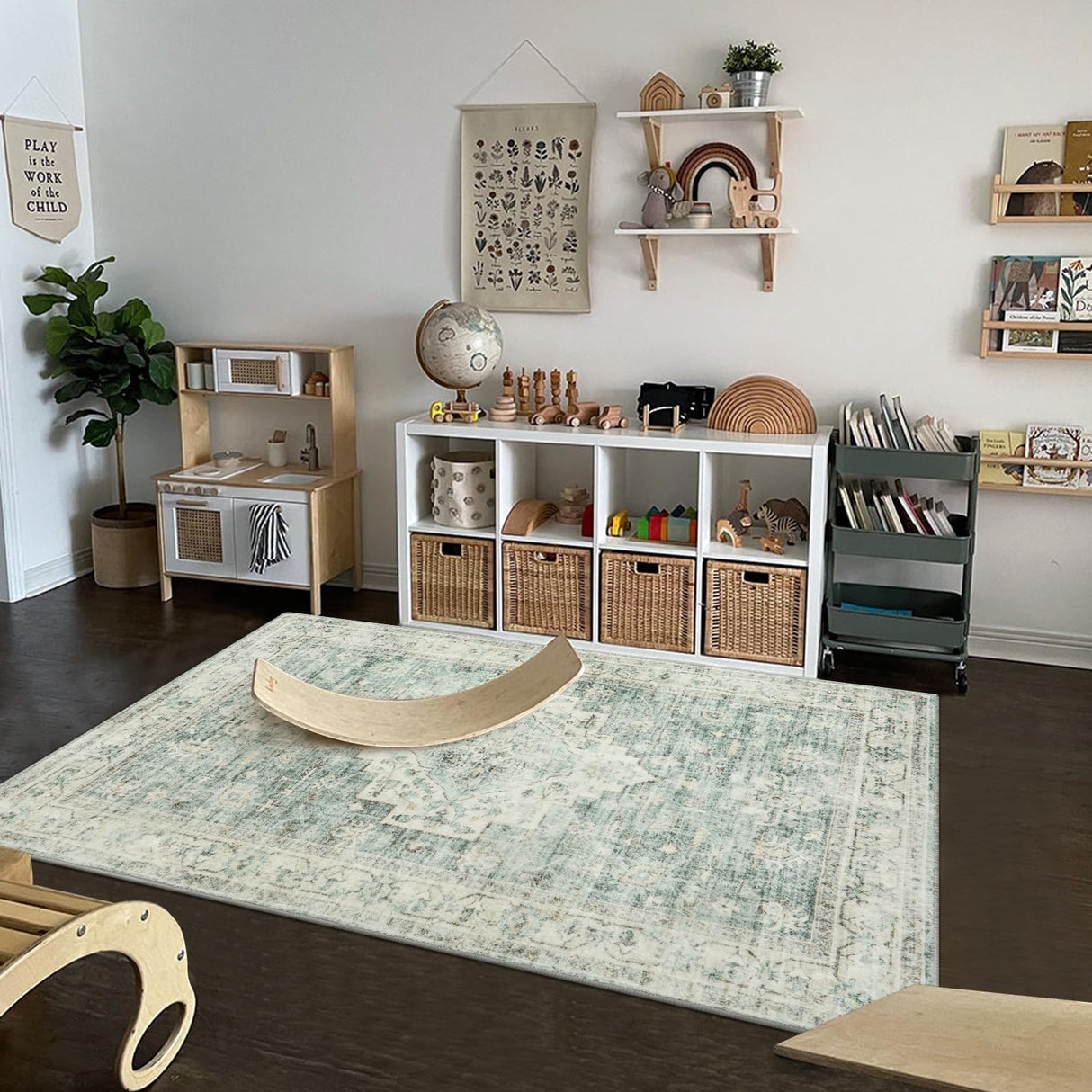 Machine Washable Rug 5x7 Sage Green Rugs for Living Room, Non Slip Vinatge Rug Boho