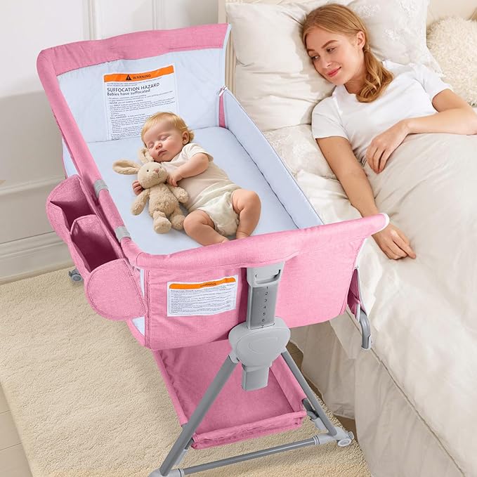 Bassinet, Bedside Sleeper for Baby, 7 Height Adjustable Bedside Bassinet with Wheels