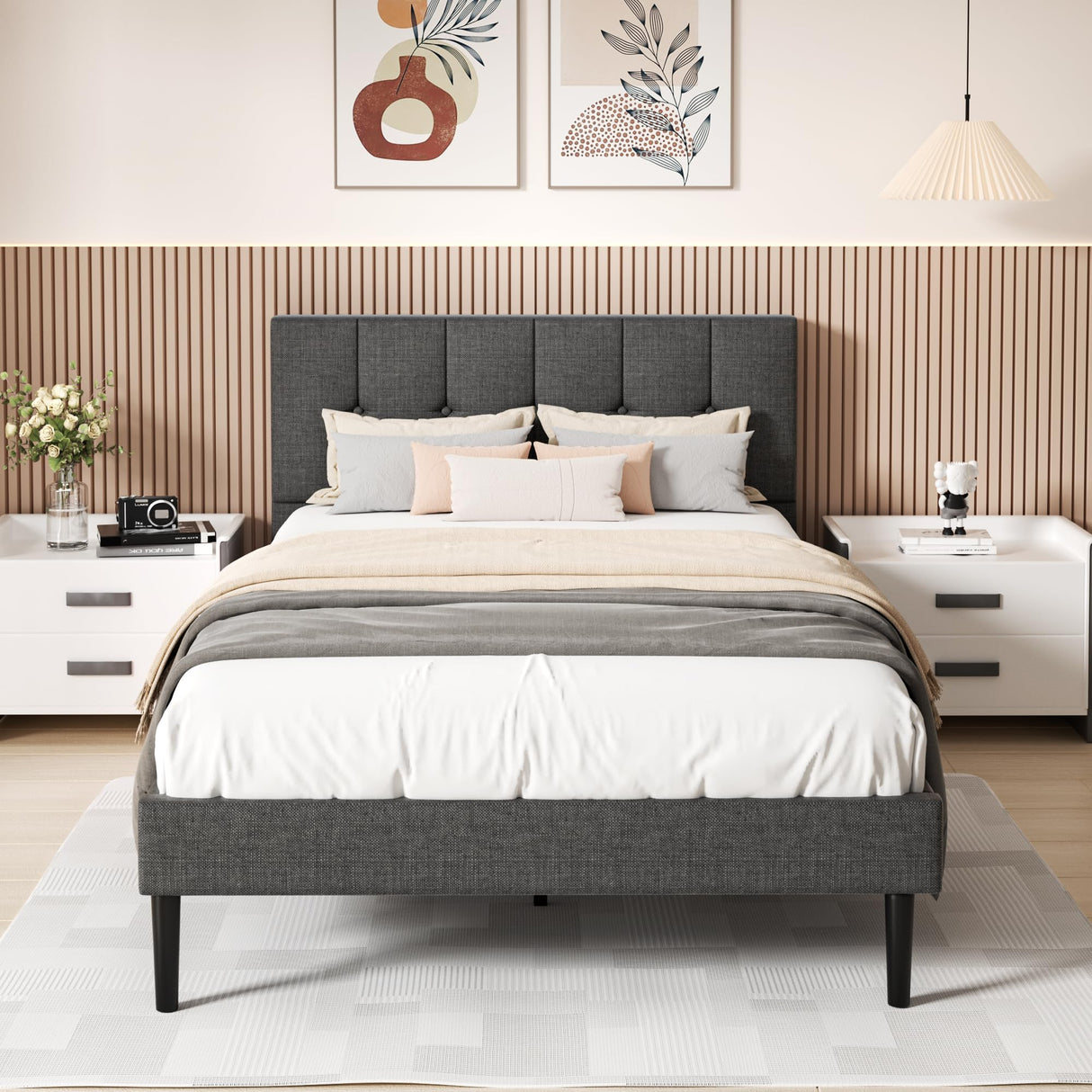 Full Bed Frame with Button Tufted Headboard, Fabric Upholstered Platform Bed Frame,