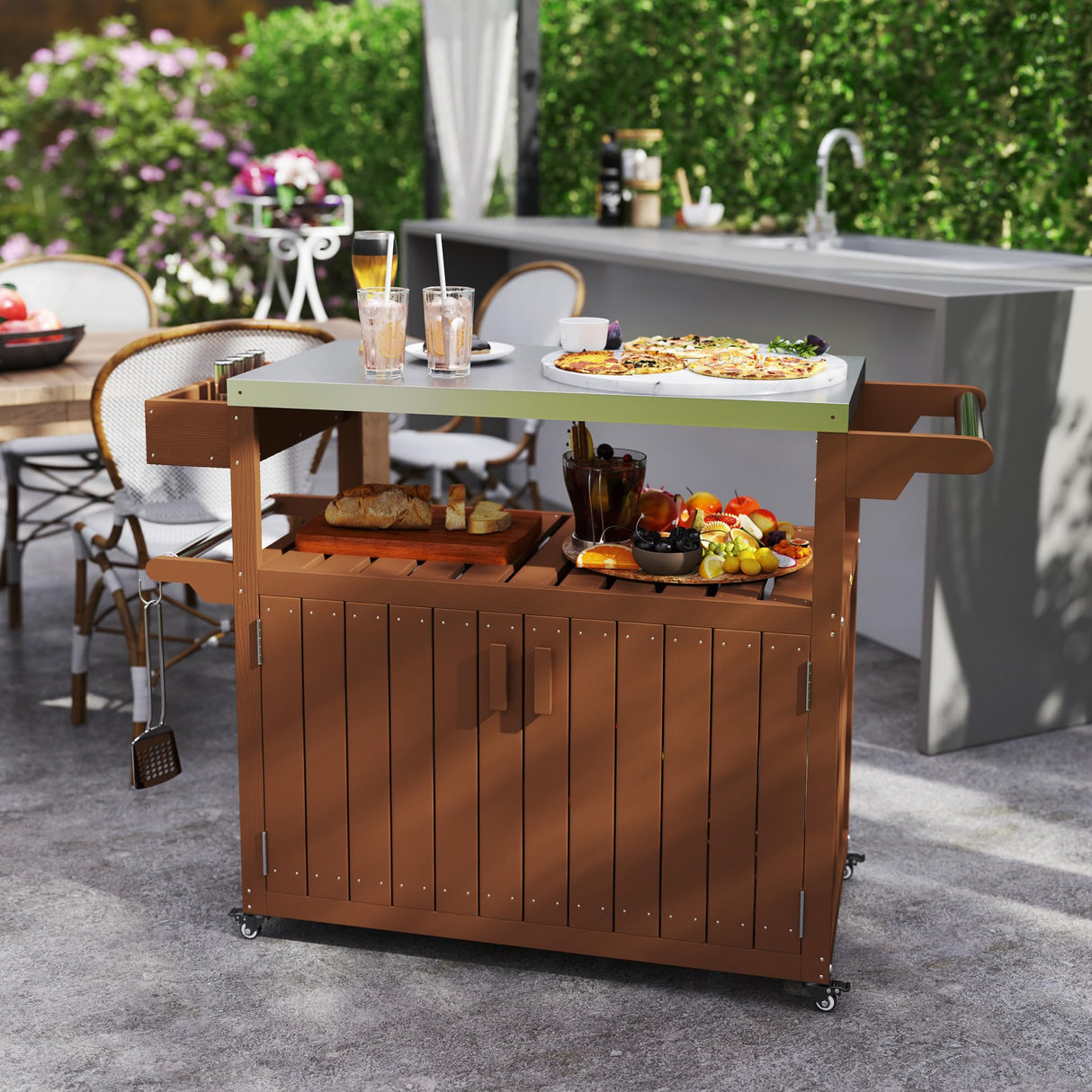 Outdoor Bar Cart with Storage Cabinet, Stainless Steel Top Kitchen Island on Wheels