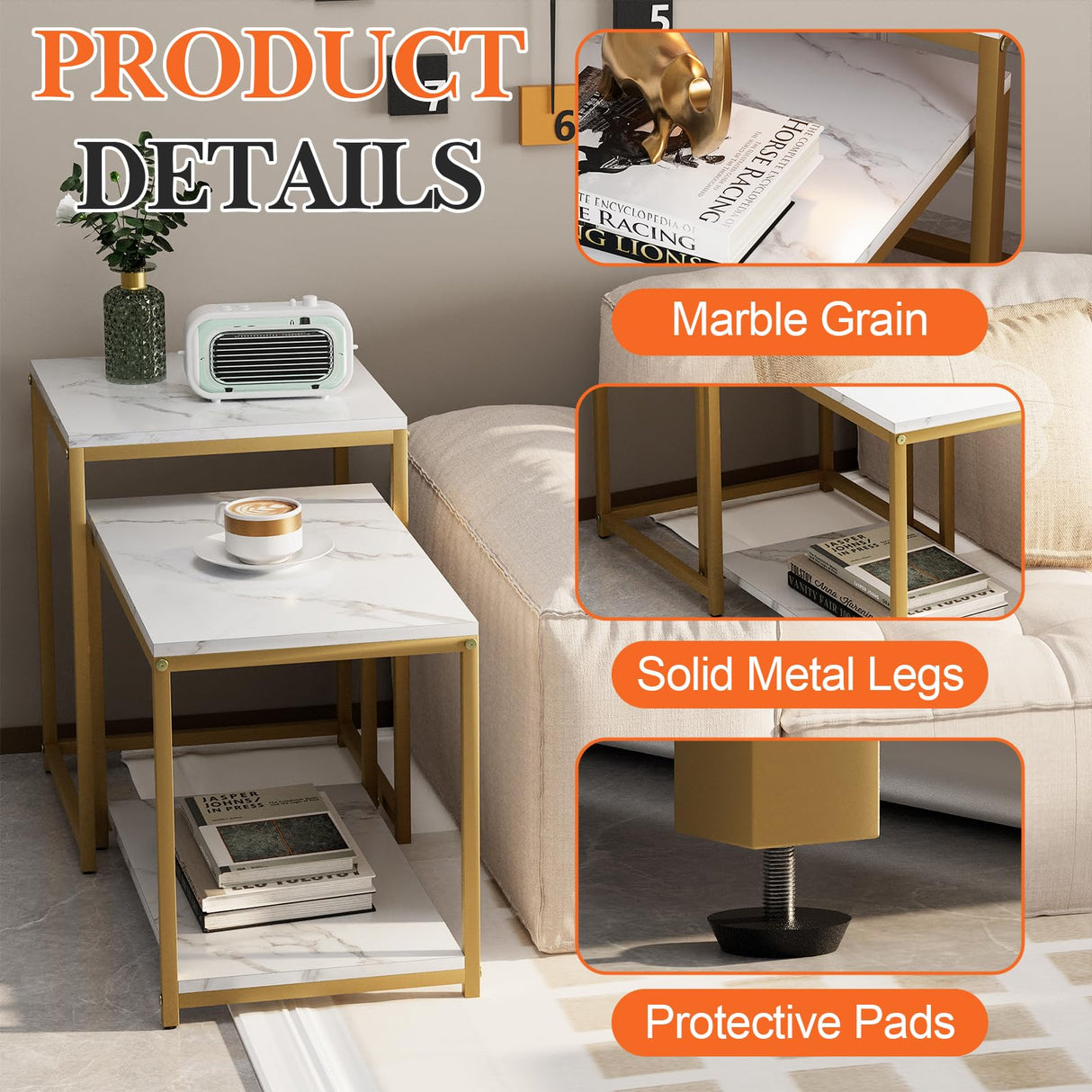 Coffee Table White Rectangular Table for Living Room,Nesting Coffee Table Set of 2 Storage