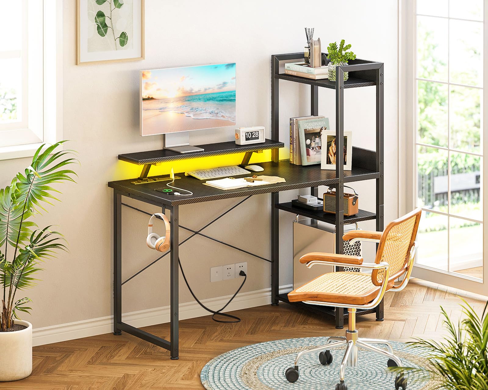 Reversible Gaming Desk with USB Charging Port and LED Lights