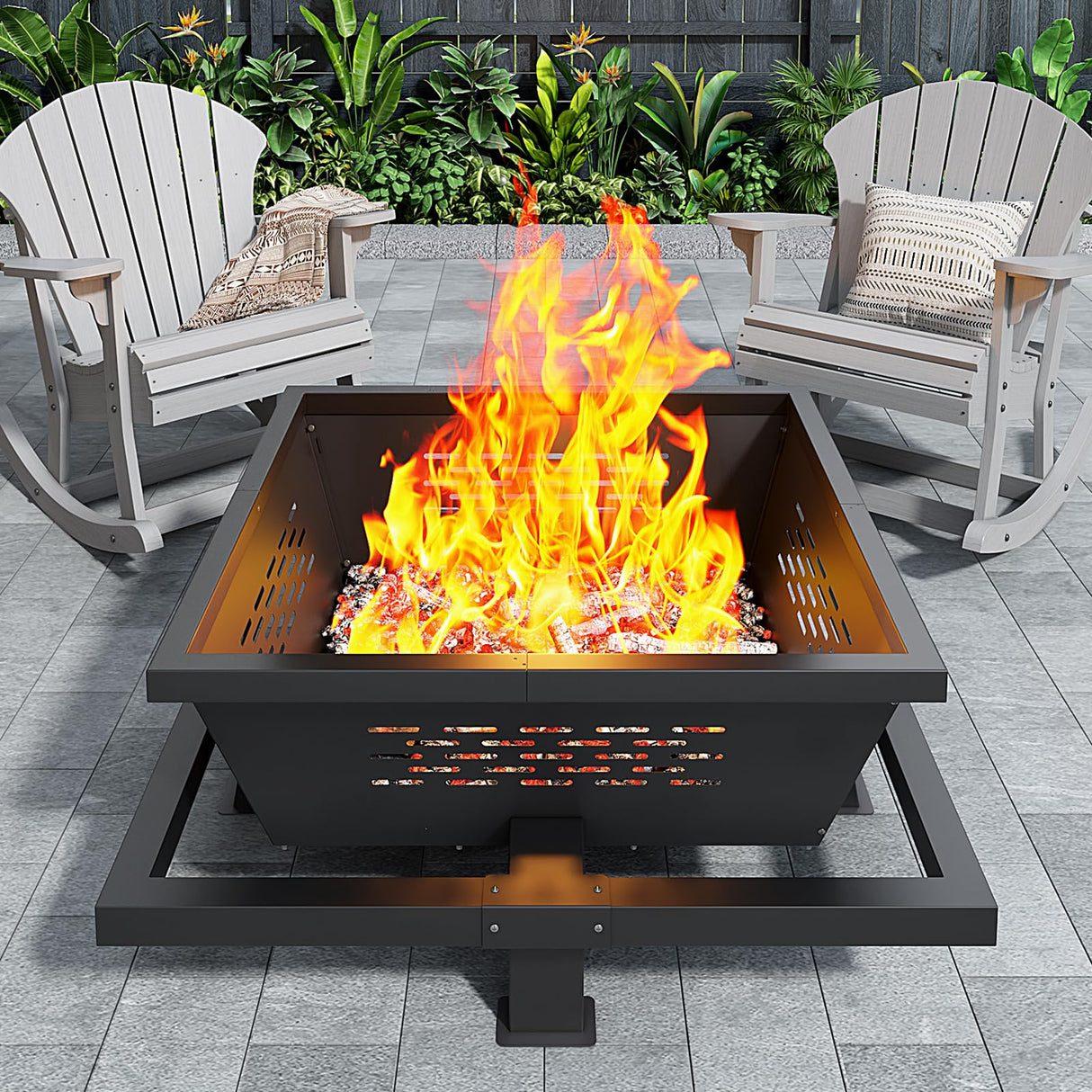 43" Large fire Pit, Square Outdoor Fire Pit with Pocker, Hight Quality Wood Burning Fire Pit