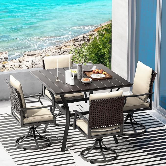 5 Piece Outdoor Patio Dining Set with 4 Swivel Dining Chairs & 1 Large Square Dining Table
