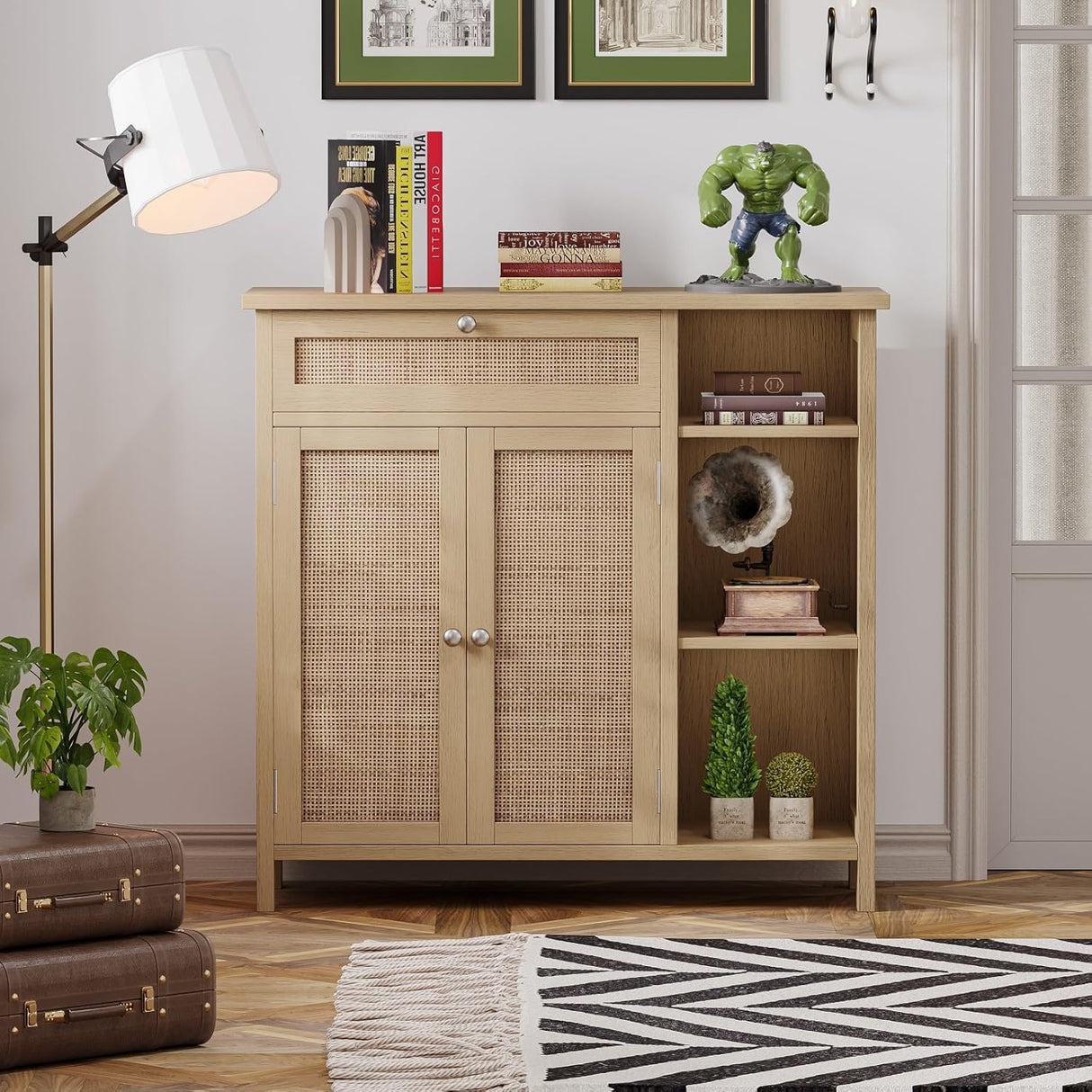 Bathroom Cabinet with Rattan Doors, Bathroom Floor Cabinet with Open Storage &