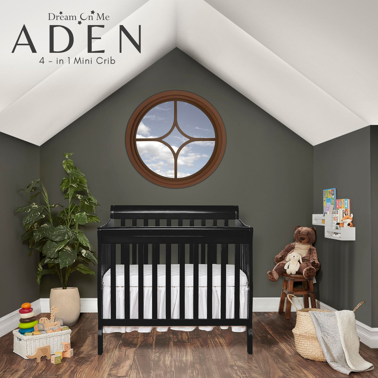 Aden 4-in-1 Convertible Mini Crib In Black, Greenguard Gold Certified, Non-Toxic Finish