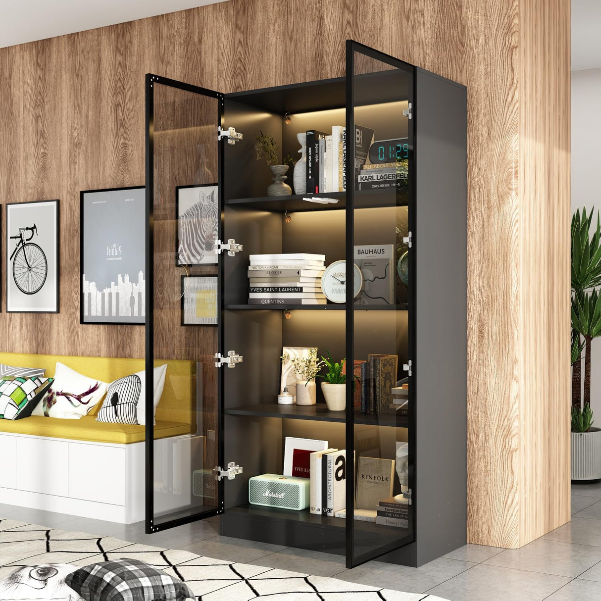 63”H Tall Glass Bookcase Display Cabinet with Lights, 4 Tier Shelves & 2 Glass Doors, Modern Bookshelf Organizer Glass Cabinet for Home Office, Living Room, Kitchen, Garage (Black)