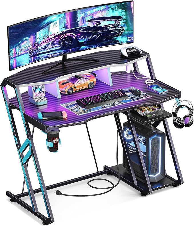 Gaming Desk with Power Outlet & LED Lights, Gaming Computer Desk 47inch with PC