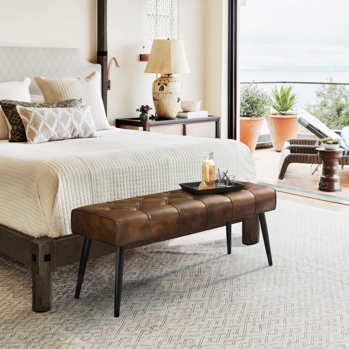 Button-Tufted Ottoman Bench, Faux Leather Upholstered Bedroom Bench