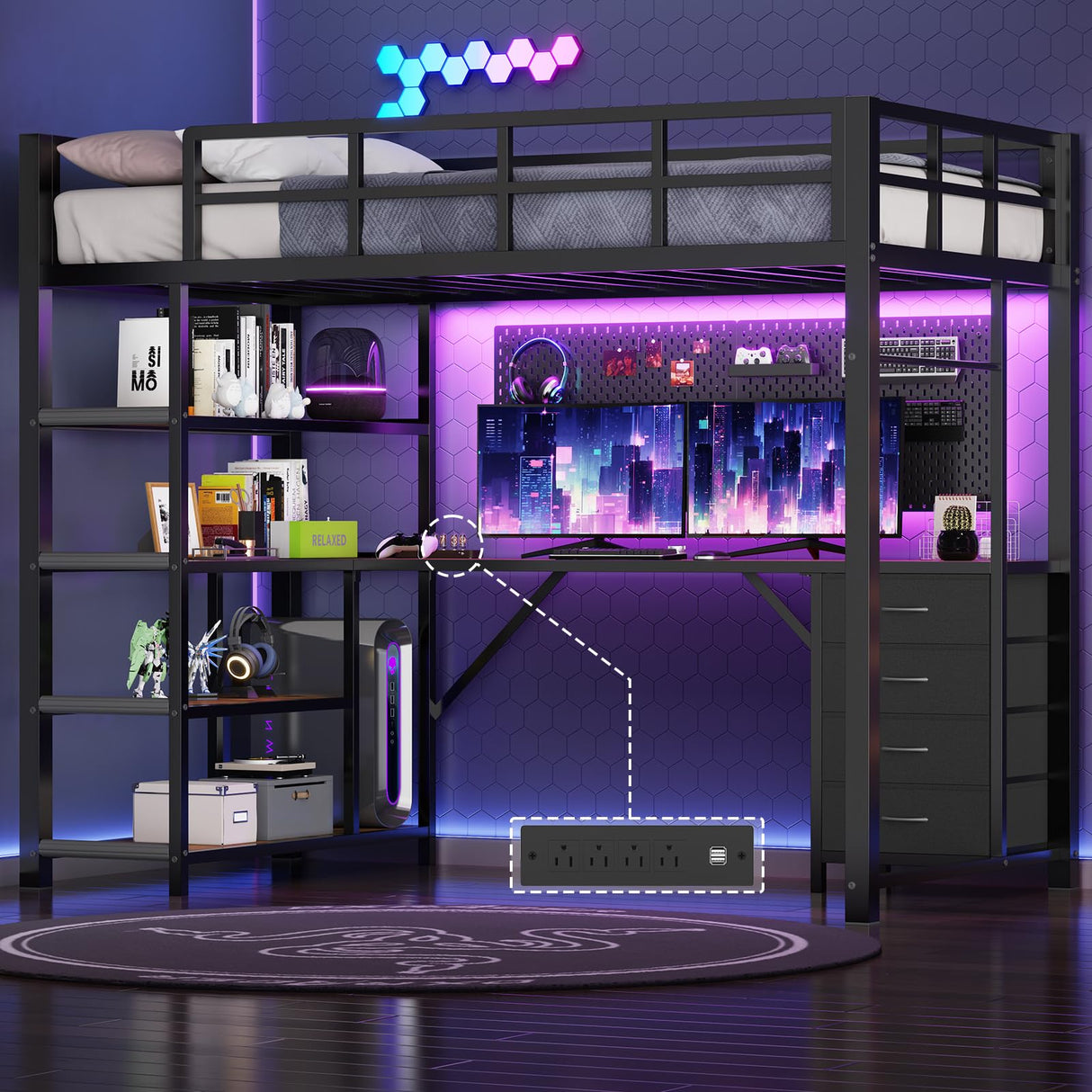 Loft Bed Twin Size with L Shape Desk,4 Drawers,3-Tier Storage Shelves Metal Loft Bed