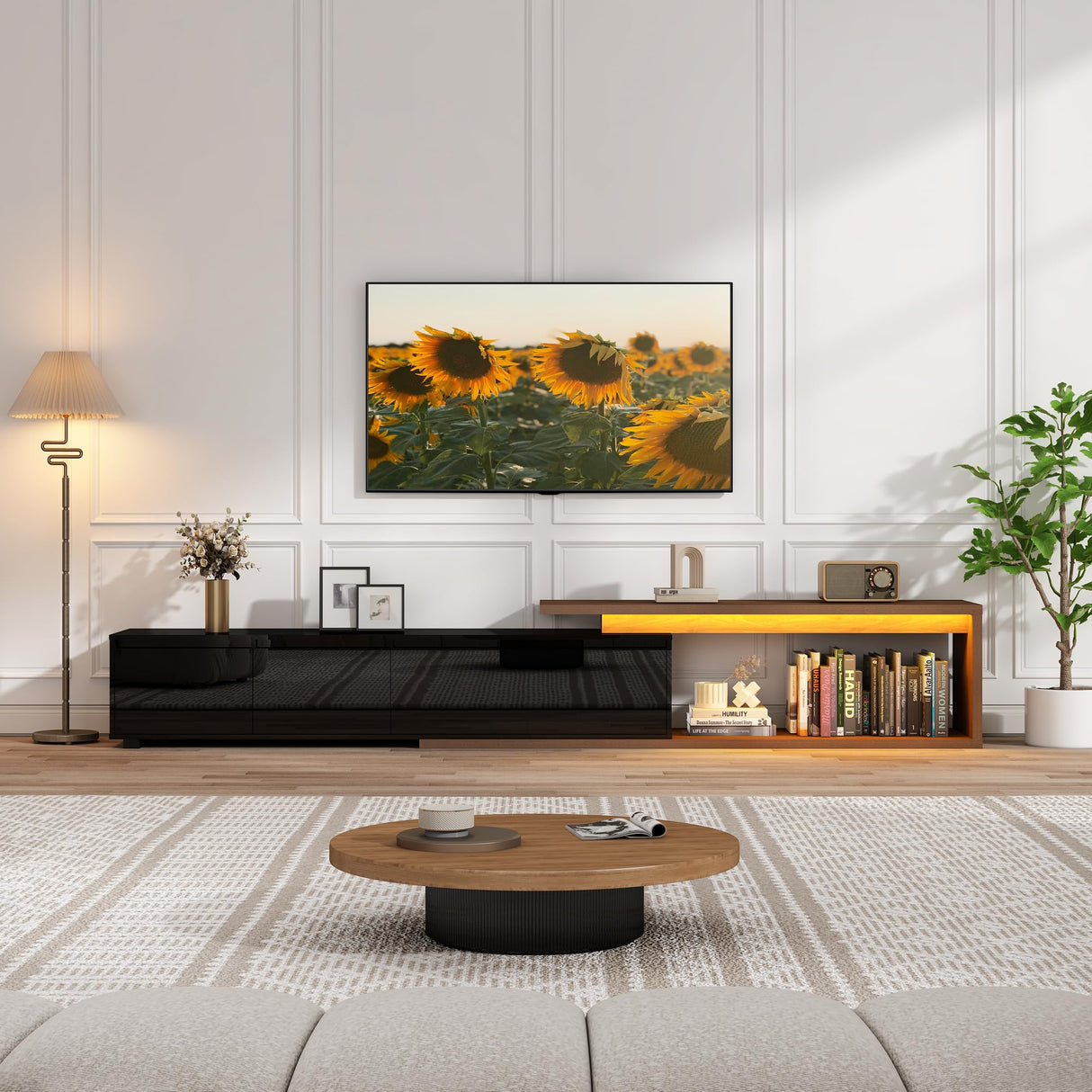 Extendable TV Stand with LED Light, Modern Entertainment Center for up to 120 Inch TV