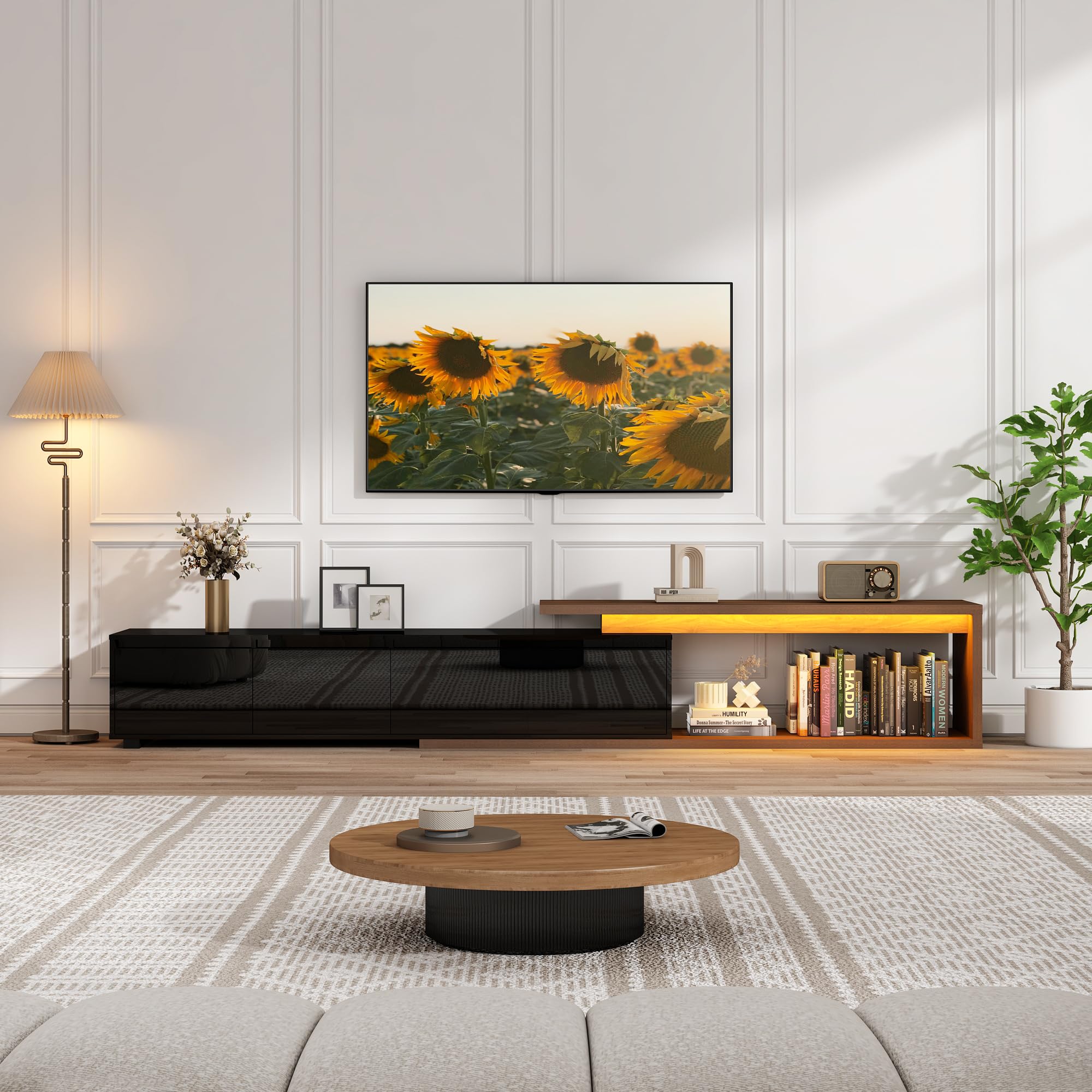 Extendable TV Stand with LED Light, Modern Entertainment Center for up to 120 Inch TV