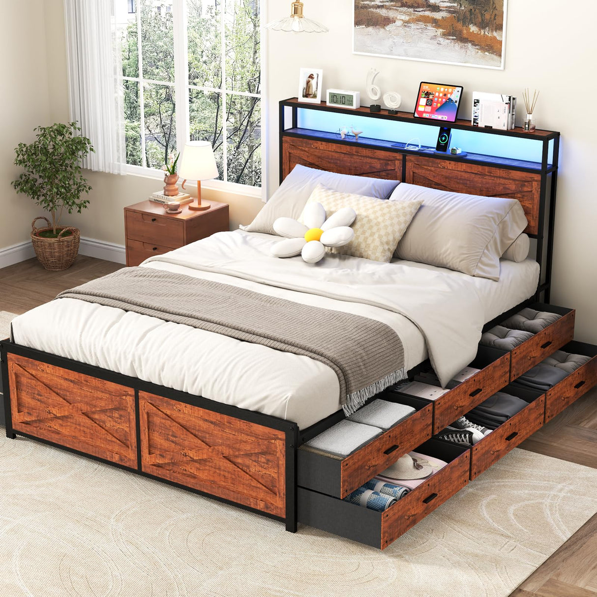 Queen Size Bed Frame with 12 Storage Drawers and LED Headboard