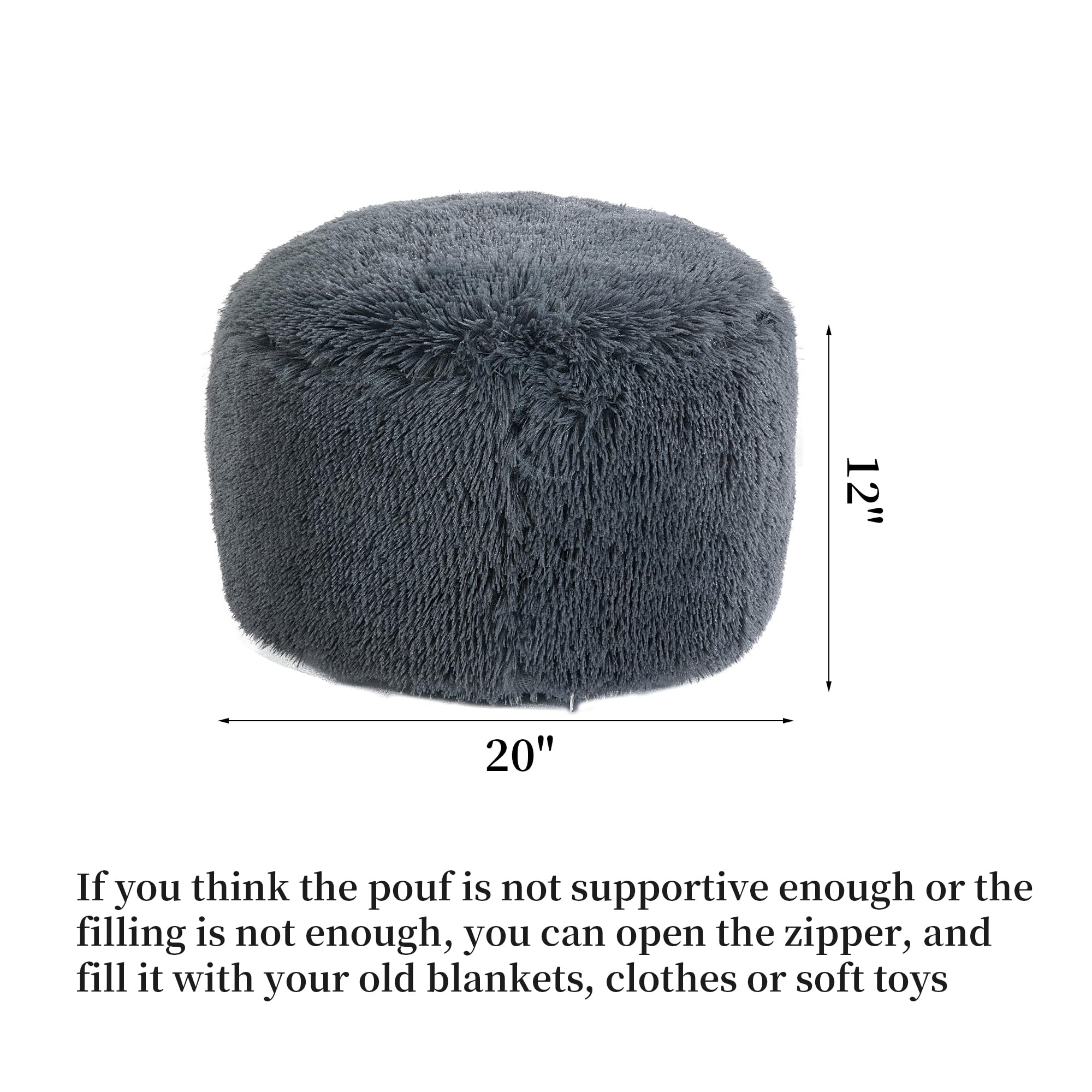 Fluffy Pouf Ottoman with Down-Alternative Filling, Stuffed Round Faux Fur Pouf