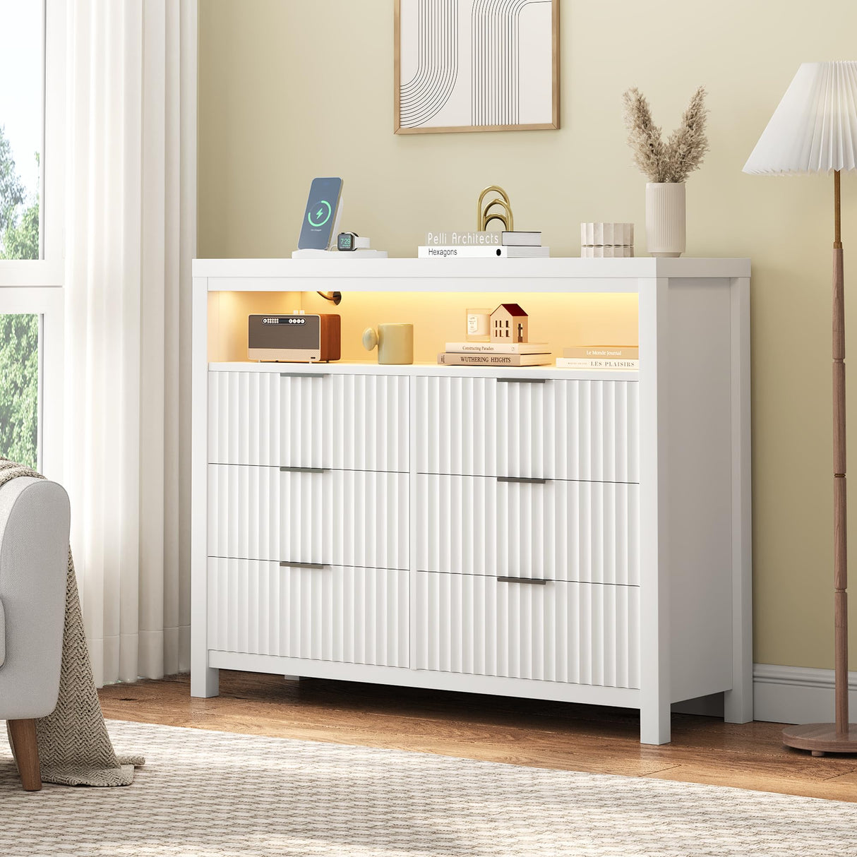 Fluted 6 Drawer Dresser with Power Outlet and LED Lights,Modern Chest of Drawers