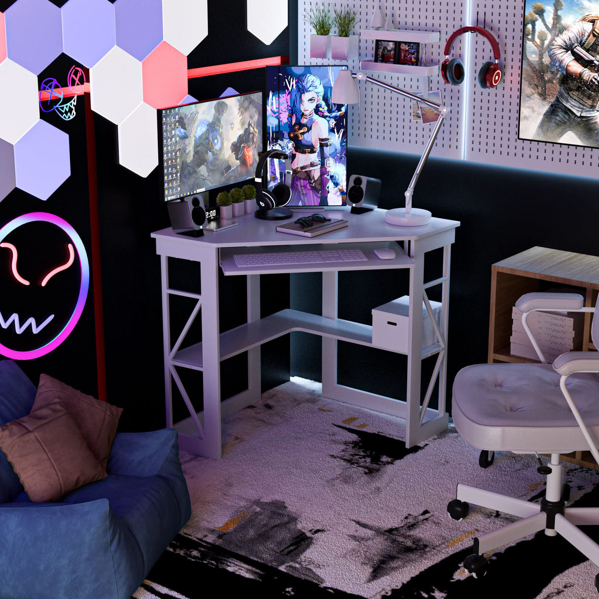 Corner Computer Desk Writing Smooth Keyboard Tray & Storage Shelves,Compact Home Office Triangle