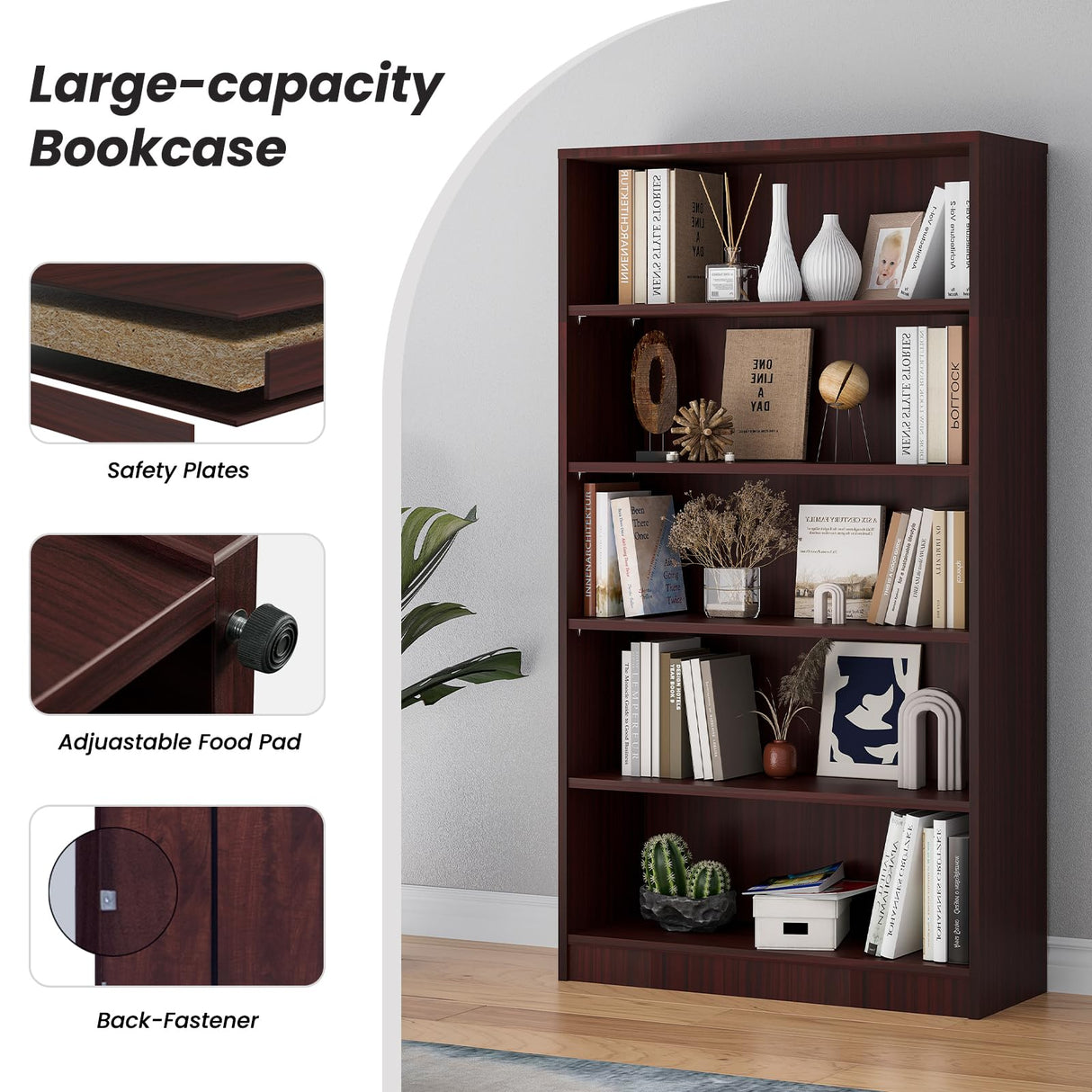 Farini 5 Shelf boockase Display Bookcase Freestanding Wooden Bookshelves for Home Office Living Room,60 Inch Height,Mahogany