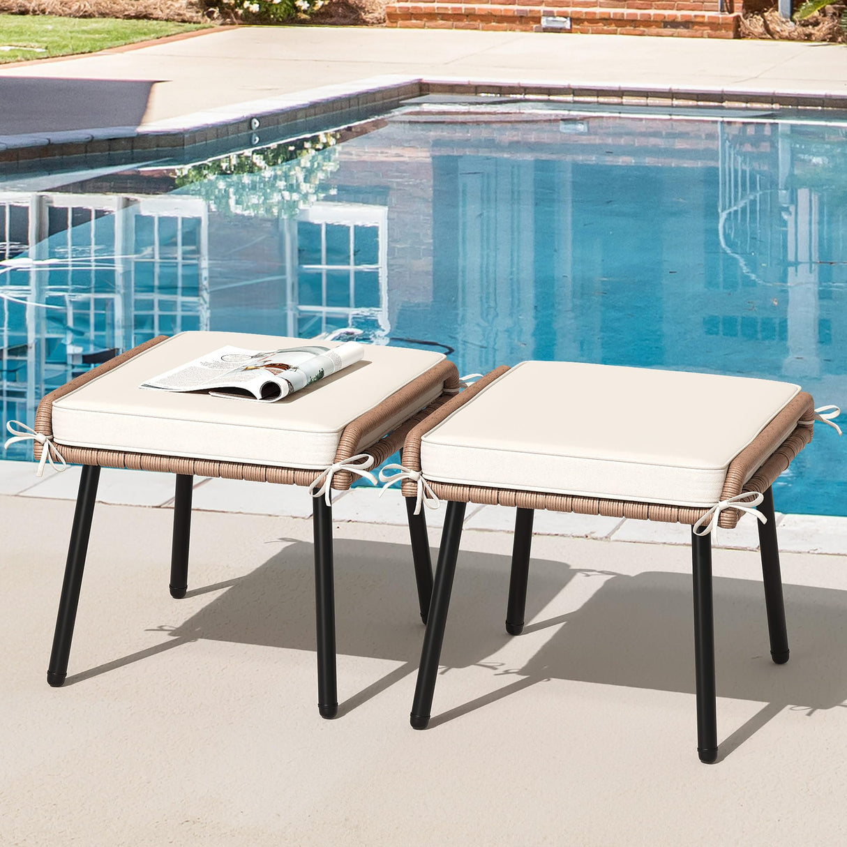 2-Piece Outdoor Wicker Ottoman, All-Weather Patio Rattan Foot Rest