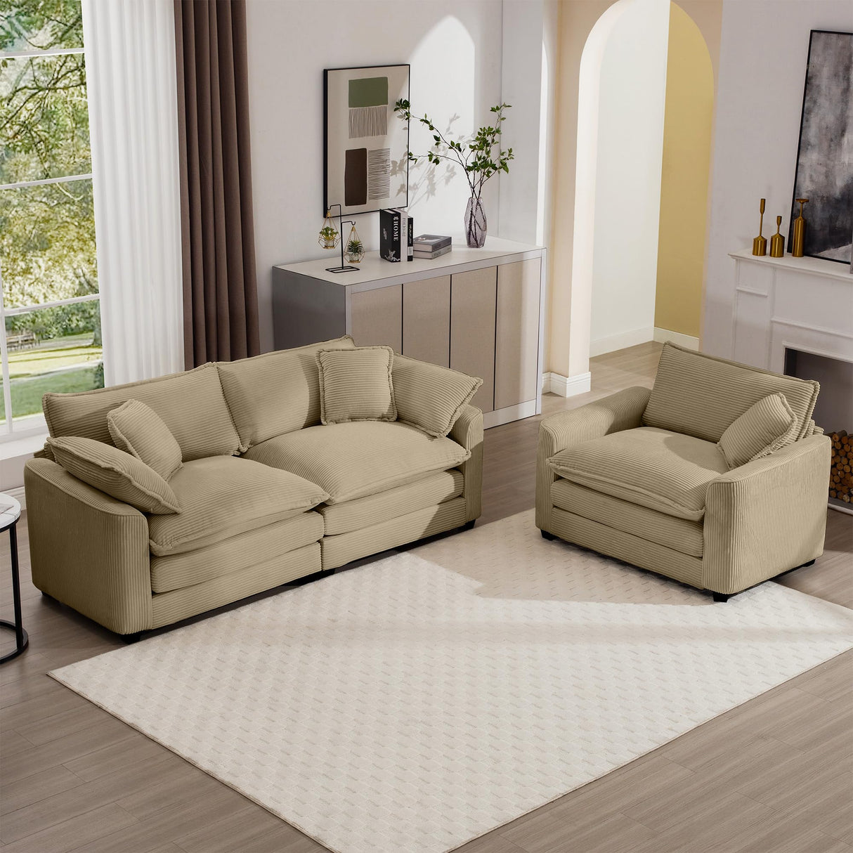 Ergonomic Two-Piece Living Room Sofa Set with Soft Fabric - Single Seat & 3-Seater in Tan