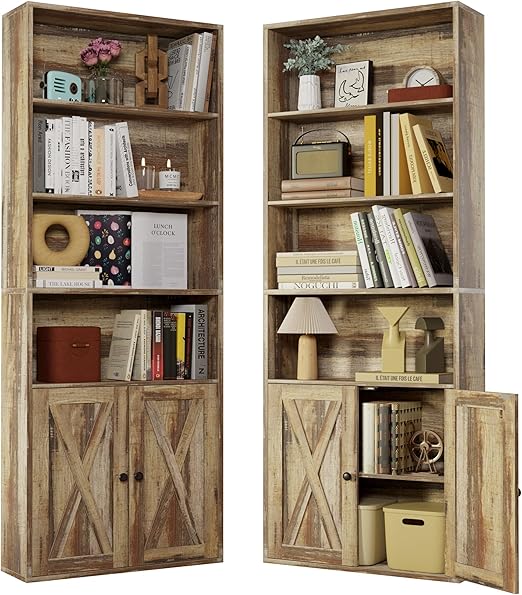Industrial Bookshelves and Bookcases with Doors Set of 2 Floor Standing 6 Shelf