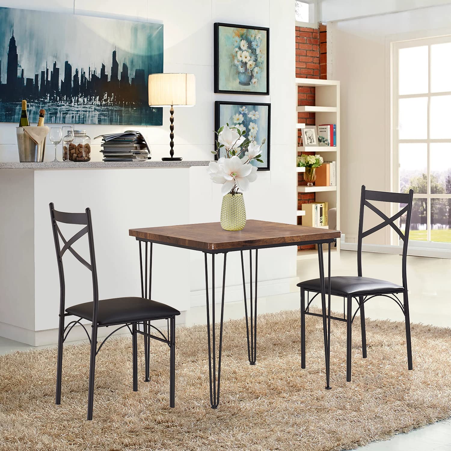 3 Piece Kitchen Dining Room Table and Chairs Set for Dinette, Breakfast Nook, Farmhouse