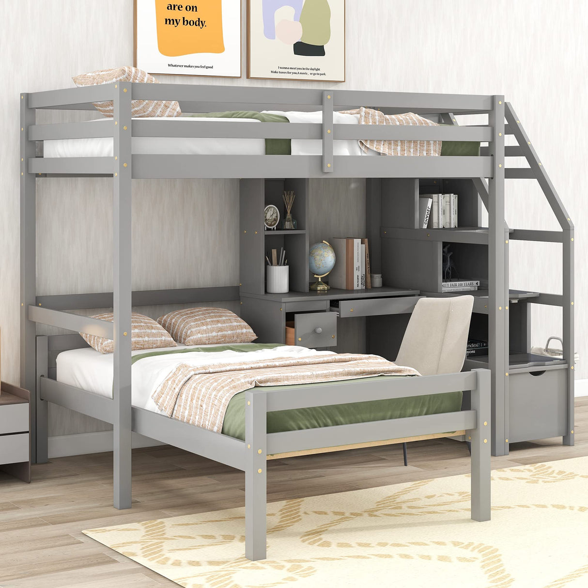 Twin Over Twin Bunk Bed with Stairs and Desk
