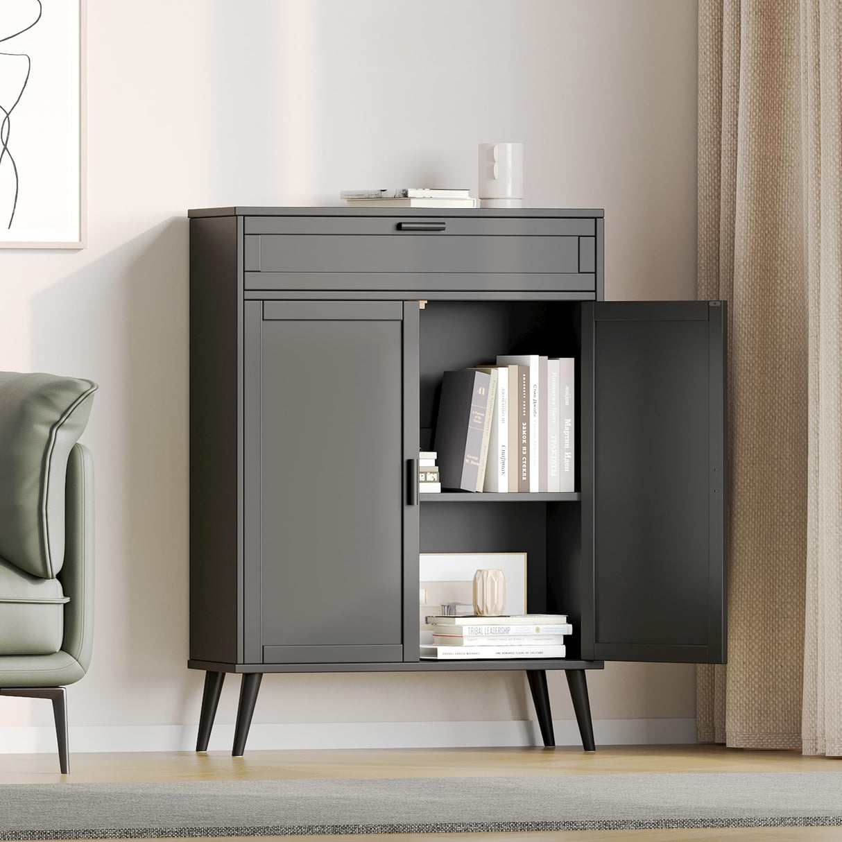 Accent Floor Storage Cabinet with 2 Doors, Bathroom Cabinet with Large Drawer