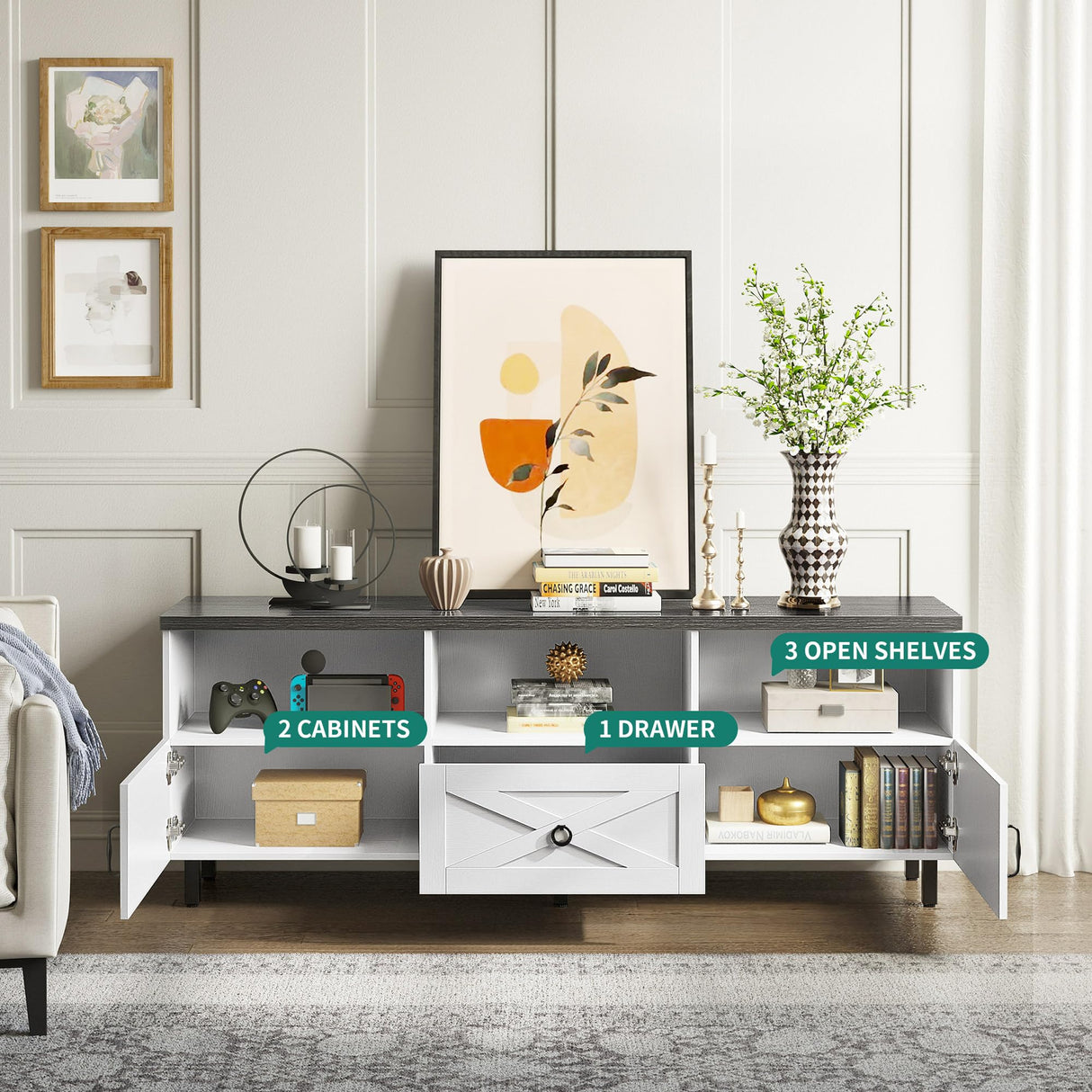 Stand for 75/65 Inch TV, Farmhouse Entertainment Center with Drawers and Storage TV