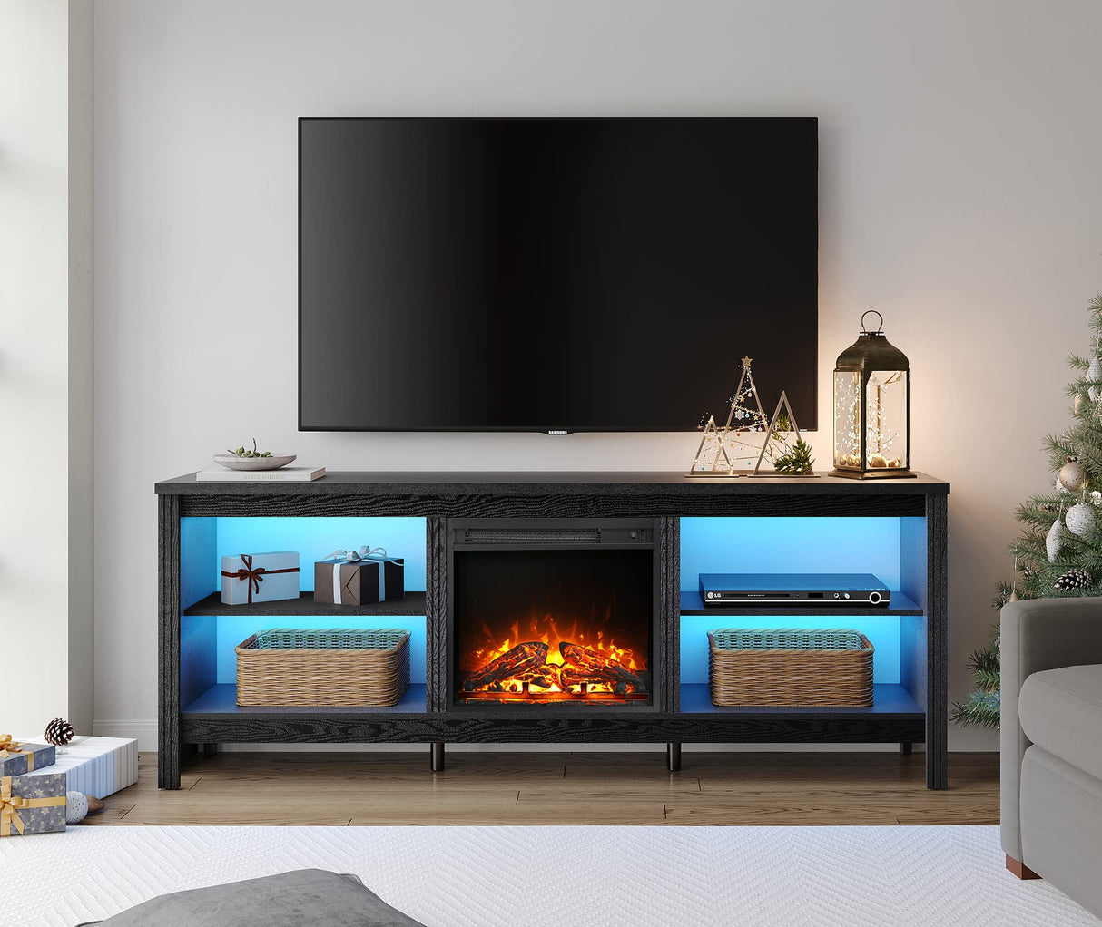 Fireplace TV Stand for 75+ Inch TV with Blue LED Light, Wood Entertainment Center