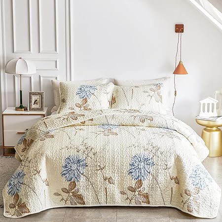 2 Pieces Microfiber Quilt Set, Botanical Blue Leaves on Light Gray Reversible