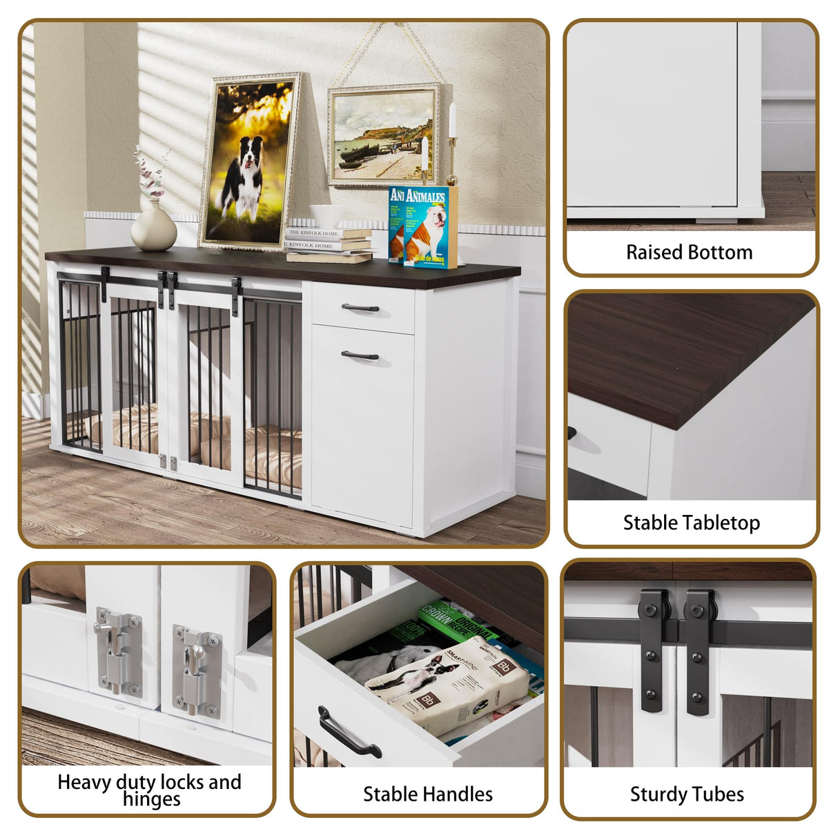 Large Dog Crate Furniture - 71 Inch Wooden Double Crate with Storage