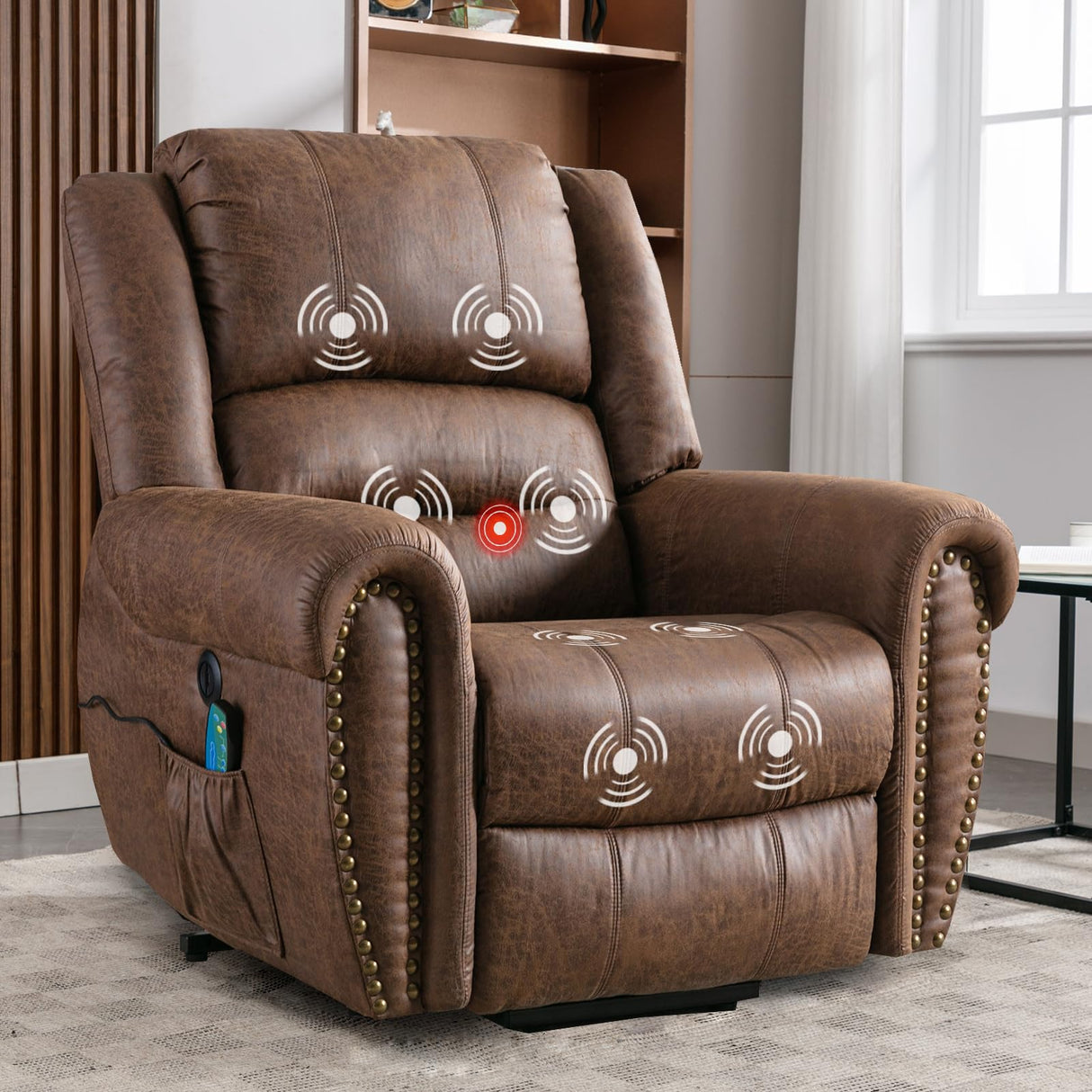 ANJ Large Power Lift Recliner Chairs with Massage and Heat Breathable Faux Leather Electric Lift Chairs for Elderly, Heavy Duty Big Man Recliners Power Reclining Chair with USB Port (Nut Brown)