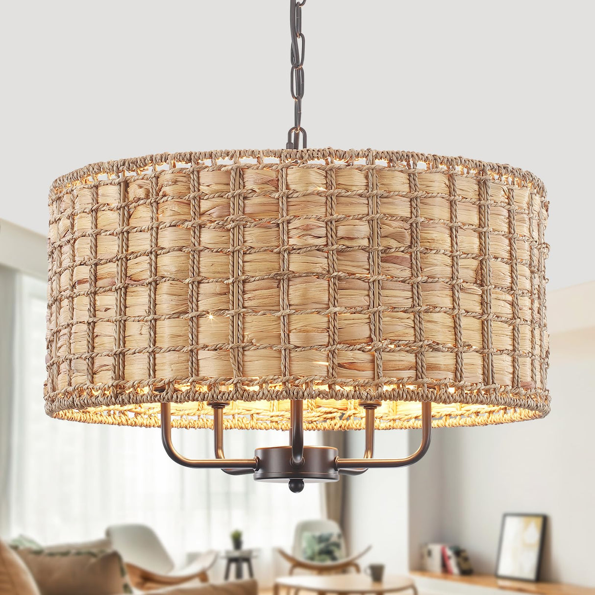 Rattan Chandelier for Dining Room,5 Lights Boho Drum Chandelier Light Fixture