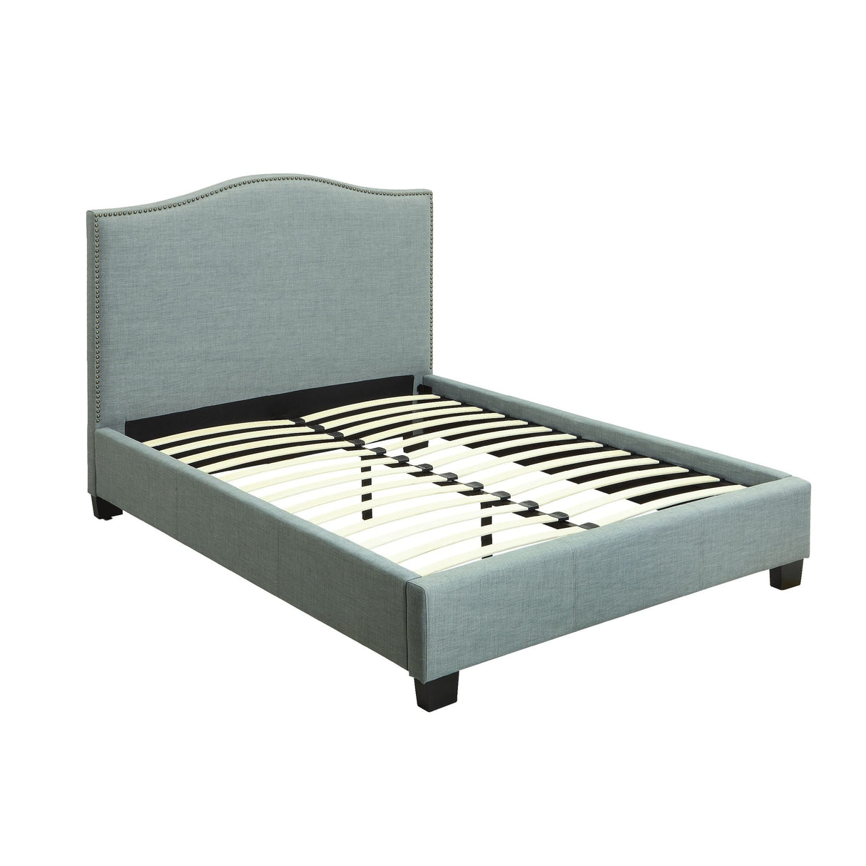 Ken Camelback Upholstered Platform King Bed, Nailhead Trim, Blue