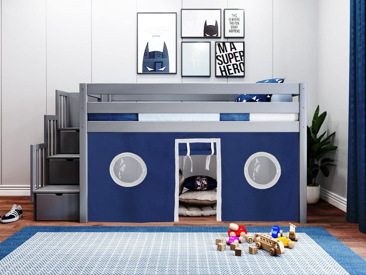 Contemporary Low Loft Twin Bed with a 3 Drawer Stairway, Gray with Blue & White Tent