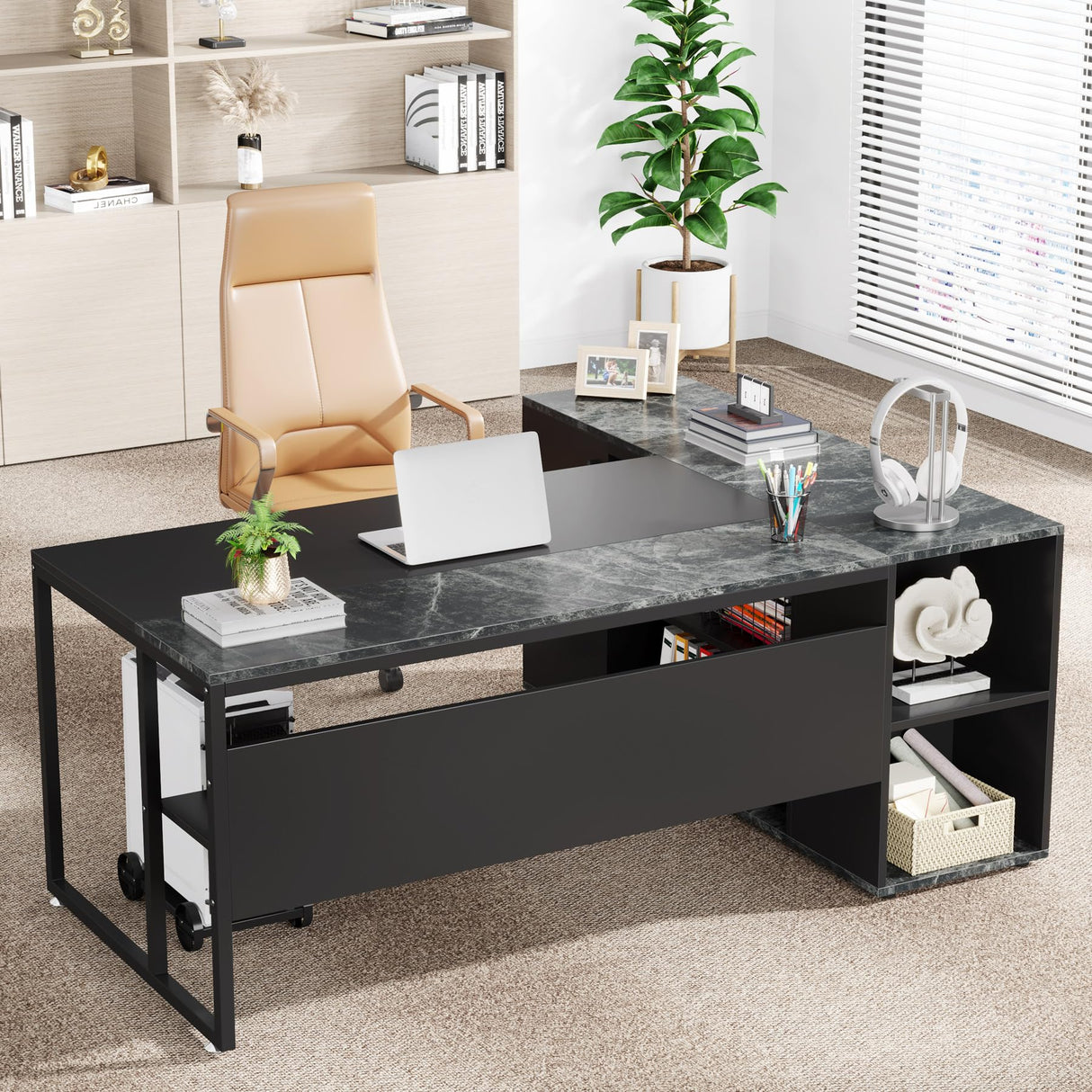 LITTLE TREE Large Executive Desk with File Cabinet, 71 inch L Shaped Computer Desk Office Desk with Drawers and Storage Shelves, Business Furniture Desk Workstation for Home Office, Black