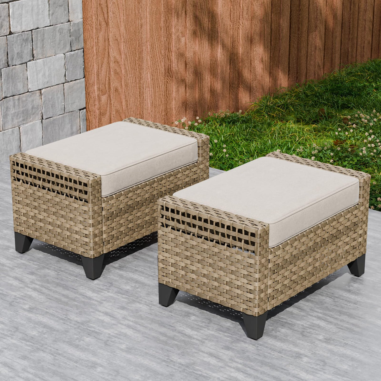 2 Piece Wicker Outdoor Ottoman, Patio Ottoman Foot Rest for Couch