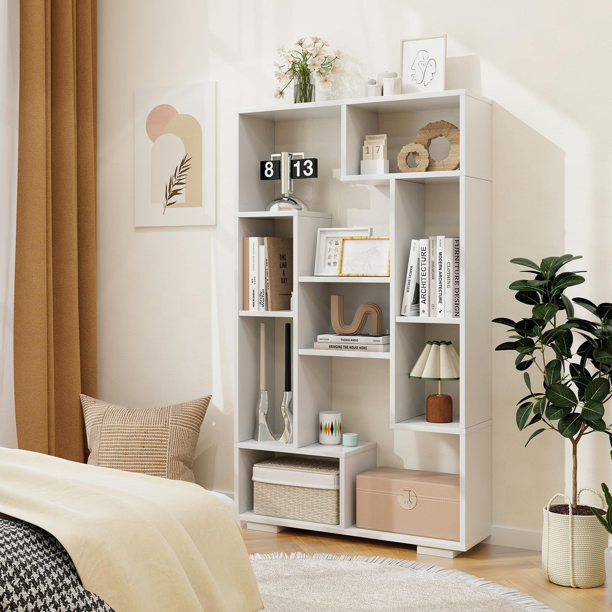 Geometric Bookshelf, 47 Inch Tall Bookcase with Multiple Open Shelves