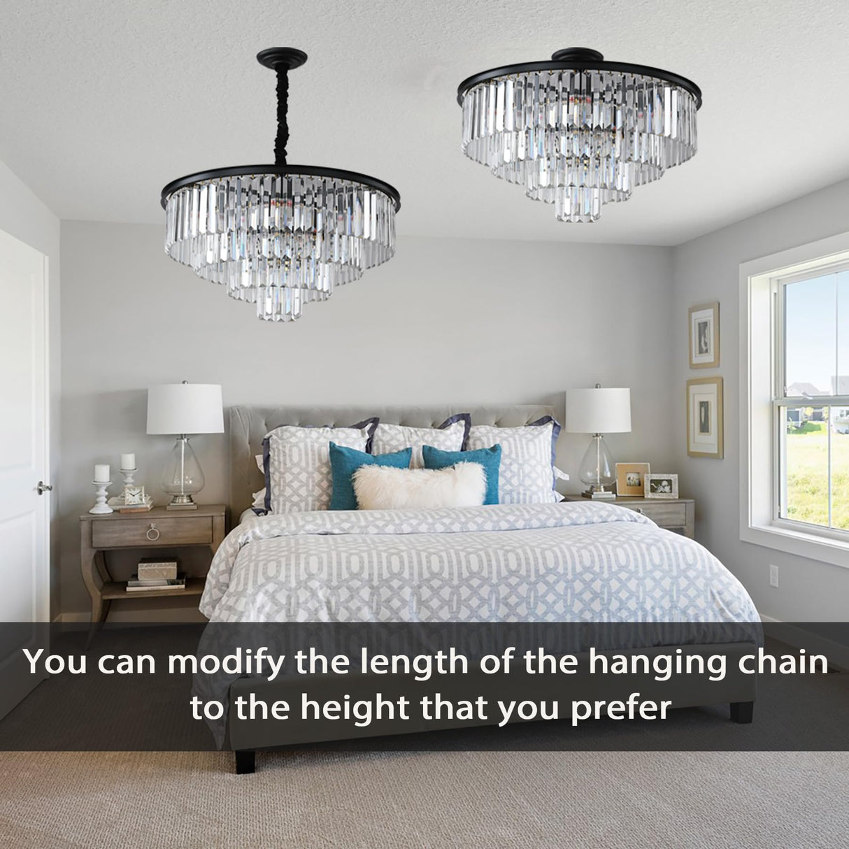 ELGOBST Black Modern Crystal Chandelier Lighting K9 Crystal Round Chandelier Hanging Ceiling Light Fixture 4-Tier Contemporary Crystal Pendant Light for Dining Room Living Room Bedroom 23.6inch