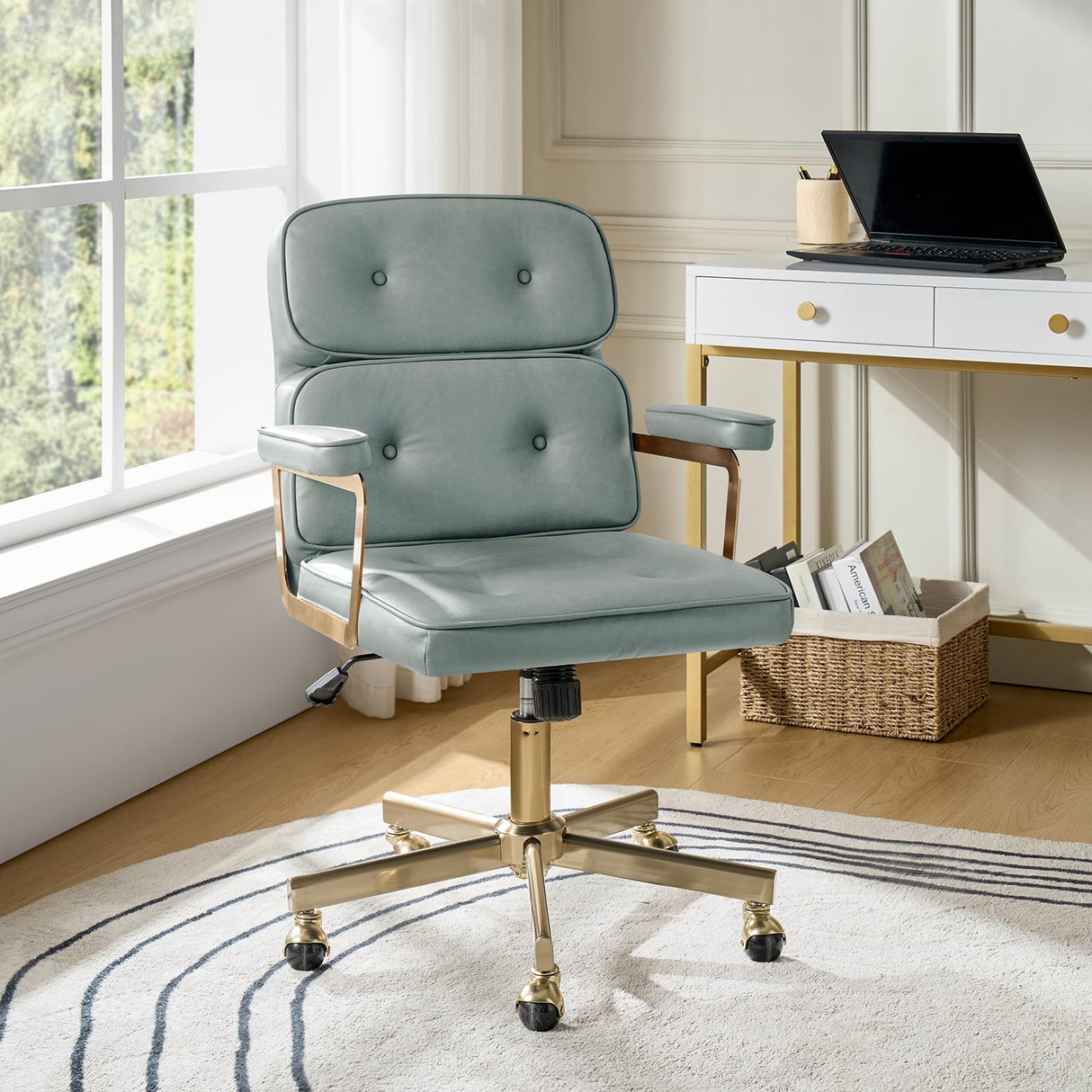 Faux Leather Office Chair with Tufted Backrest - Sage Green