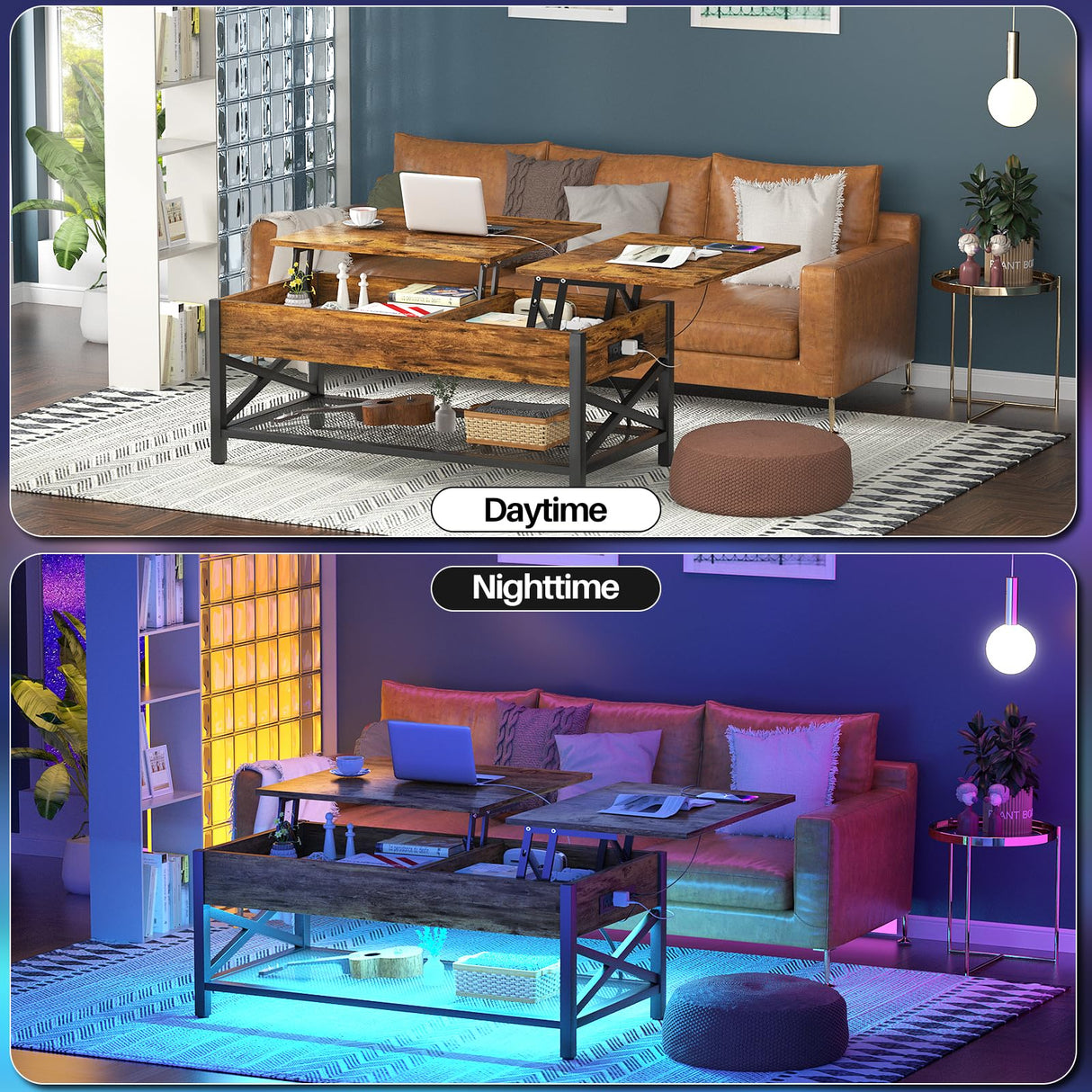 Coffee Table, Lift Top Coffee Table with LED Light and Power Outlet