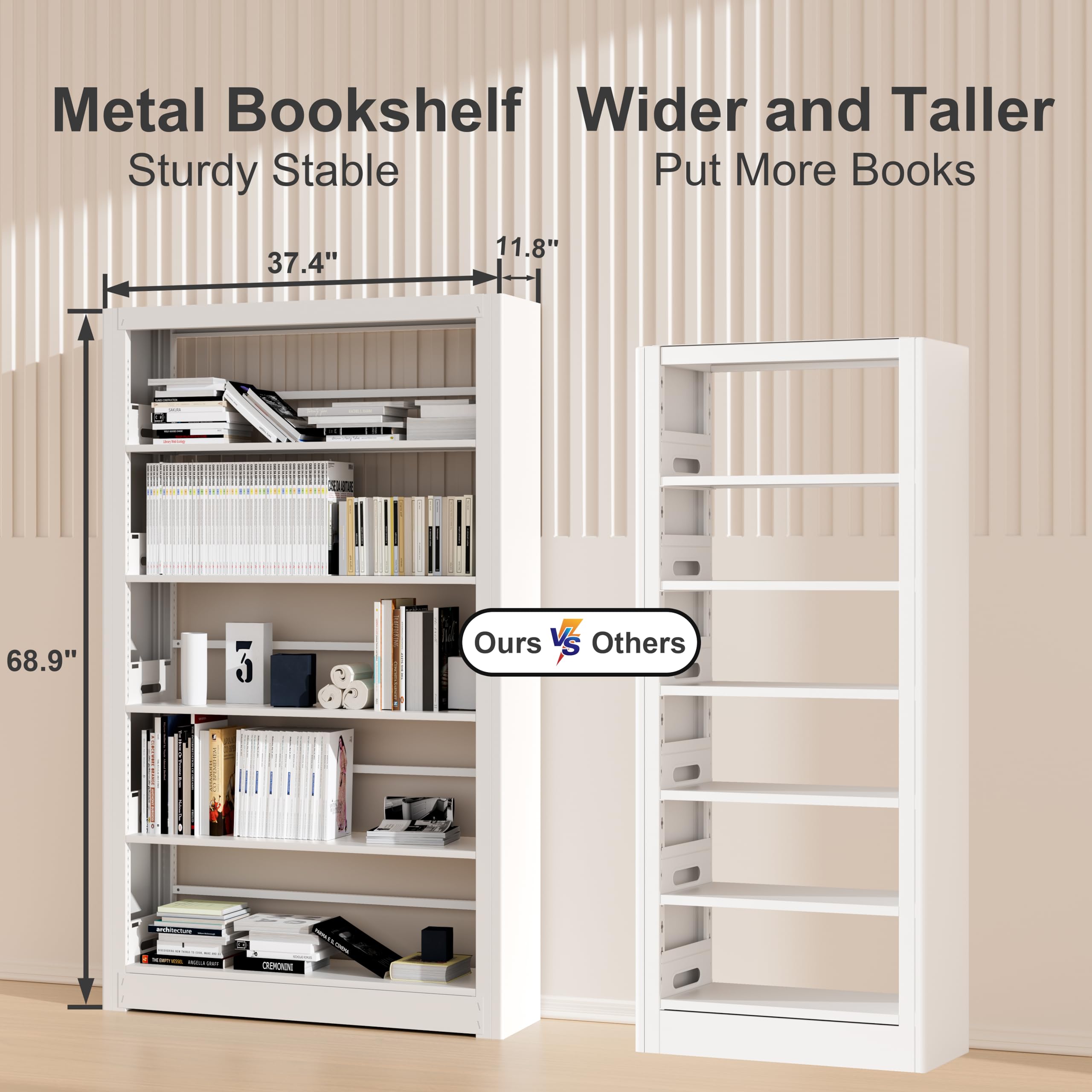 5-Tier Bookshelf, White Bookshelf with Adjustable Storage Shelves