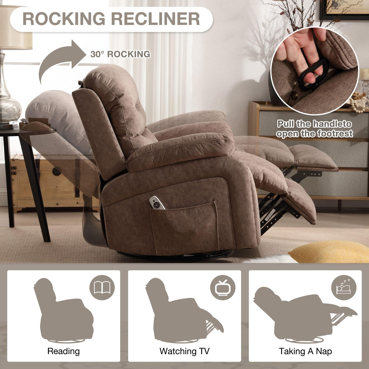 ErgoGlide 360° Swivel Recliner Chair with Heat & Massage – Vibration Zones, Side Pockets