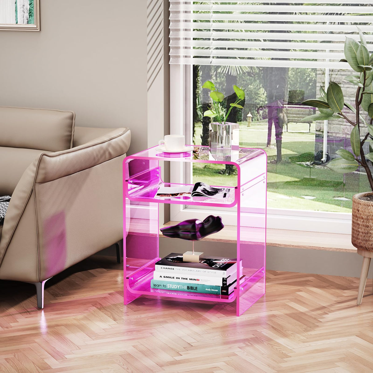 Storage Shelf Clear Side Table Nightstand