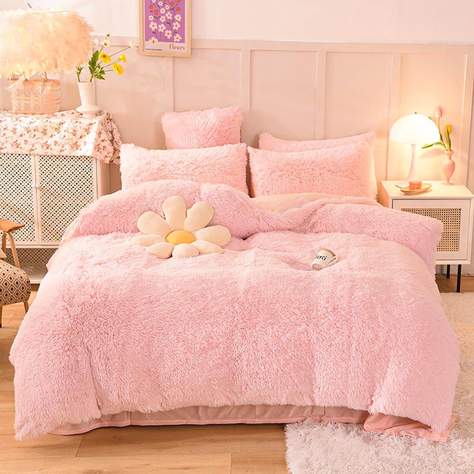 Fluffy Plush Duvet Cover Full Size, Luxury Shaggy Ultra Soft Bedding Set, 3 Pieces Warm